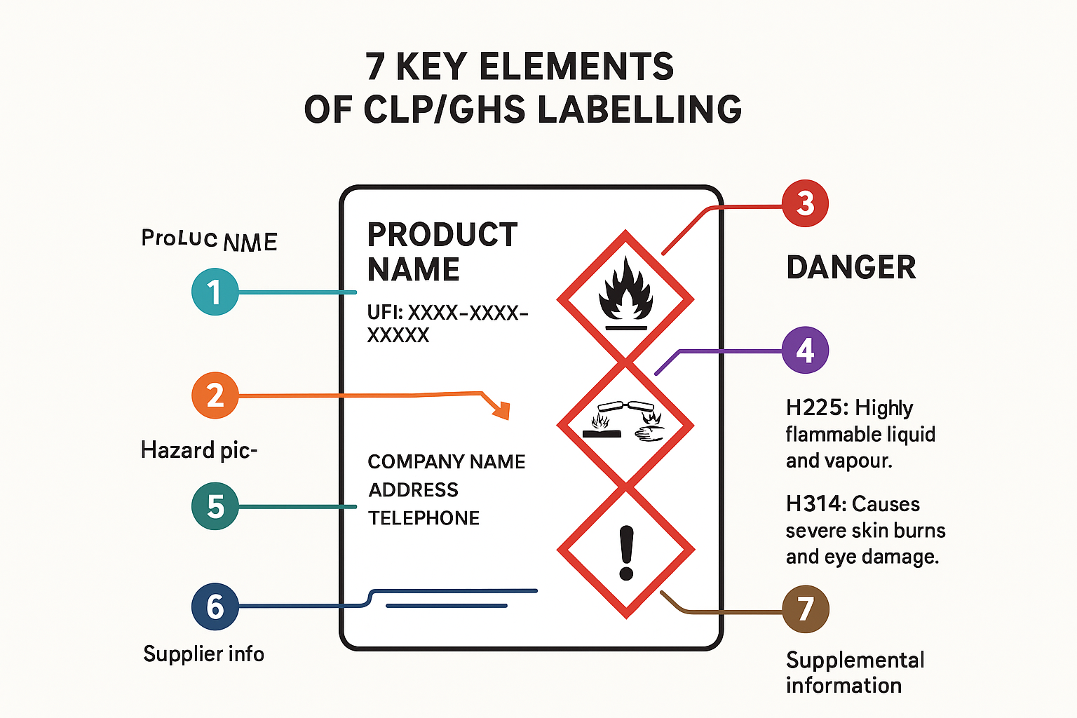 Infographic showing the seven key elements of CLP/GHS labelling, including pictograms, signal words, hazard statements, precautionary statements, product identifier, and supplier information.