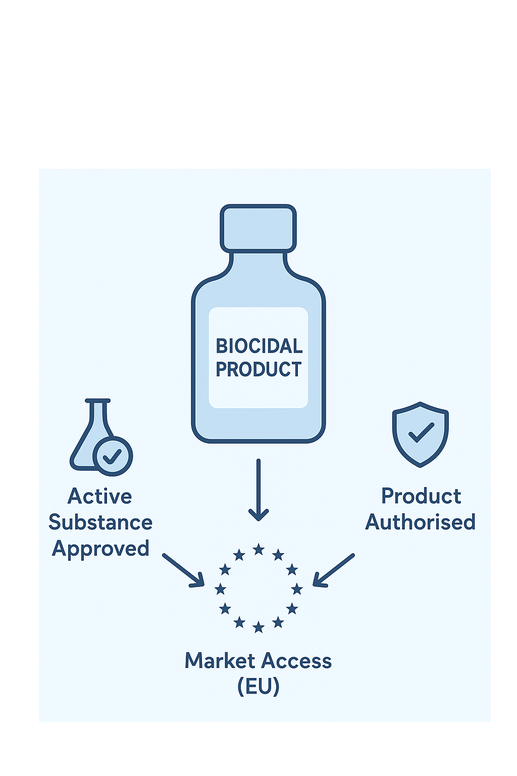 Minimalist infographic illustrating the BPR process: active substance approval, product authorisation, and EU market access.